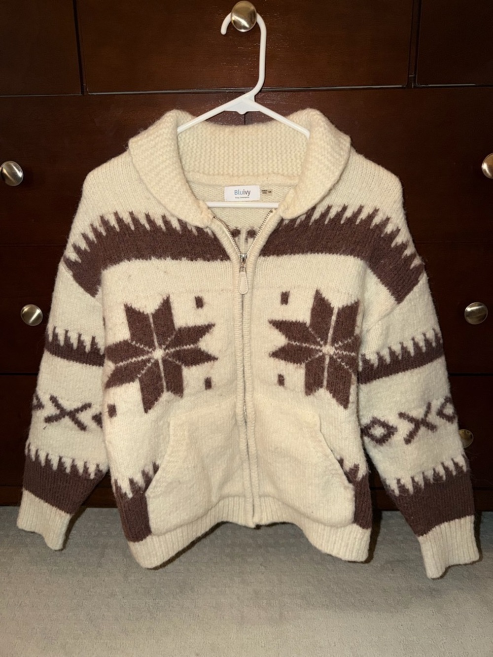 Bluivy Cream and Brown Nordic Zip Cardigan